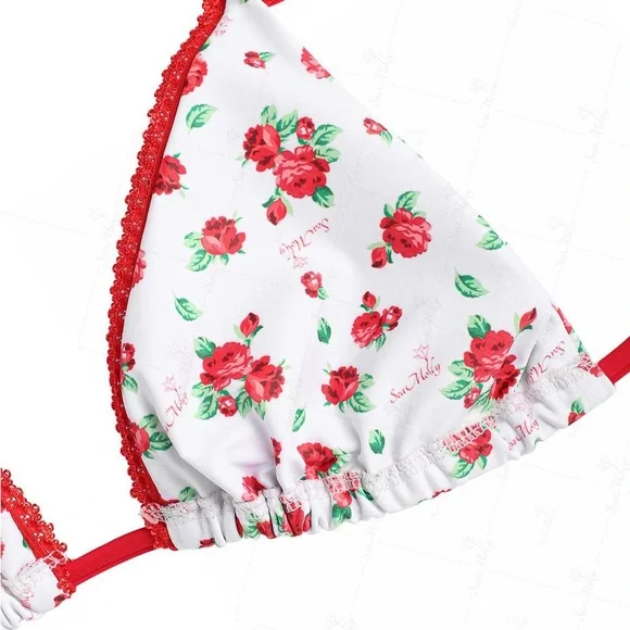 White Floral Bikini Set with Red Trim - Women's Swim NWT - Picture 4 of 6